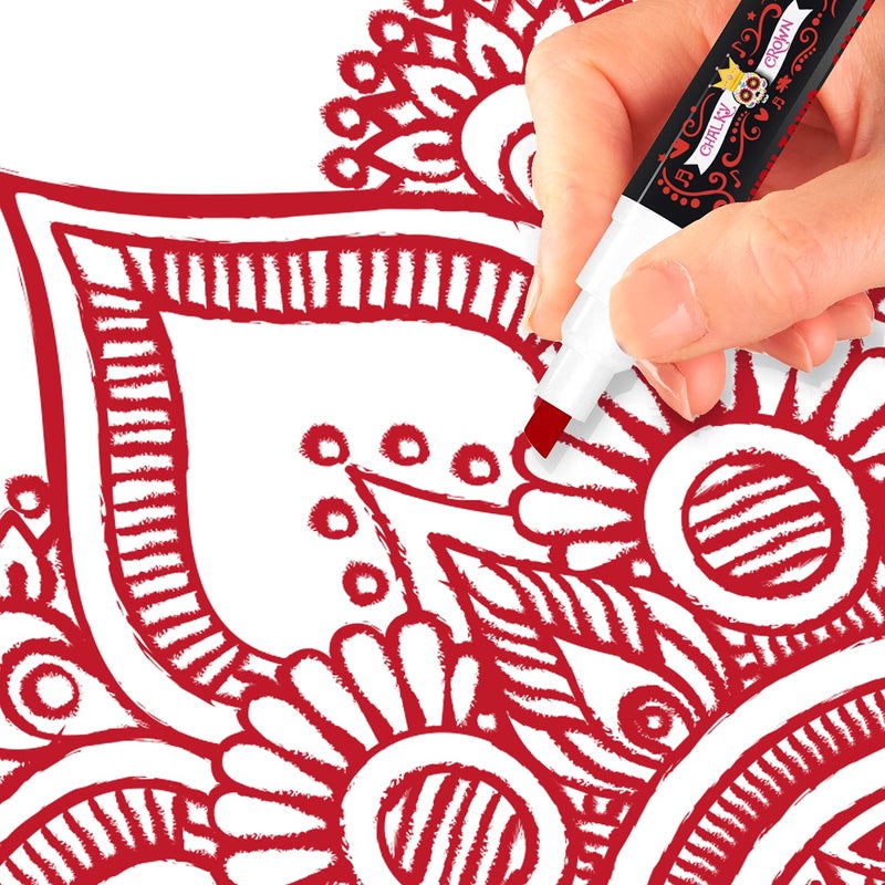 CHALKY CROWN قلم ماركر سائل تشالكي كراون - قلم مسح جاف - أقلام طباشير لعلامات السبورة، النوافذ، السبورة السوداء، الزجاج - طرف قابل للعكس 6 مم (أحمر، 5 عبوات) - Image 4